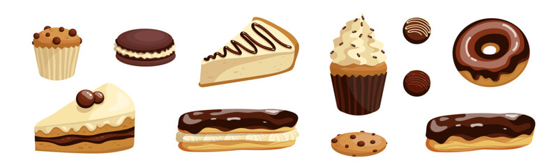 A set of sweet pastries, sweet chocolate desserts. Vector graphics.