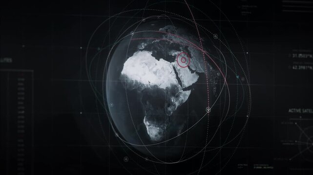 Dark background. Satellites are orbiting the earth. Activating the satellite scan of Iraq. The Secret agency is sending the target's location to the secret agent, the new mission is located in Iraq