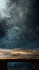 Empty wooden table with smoke and dark background, textured wood table
