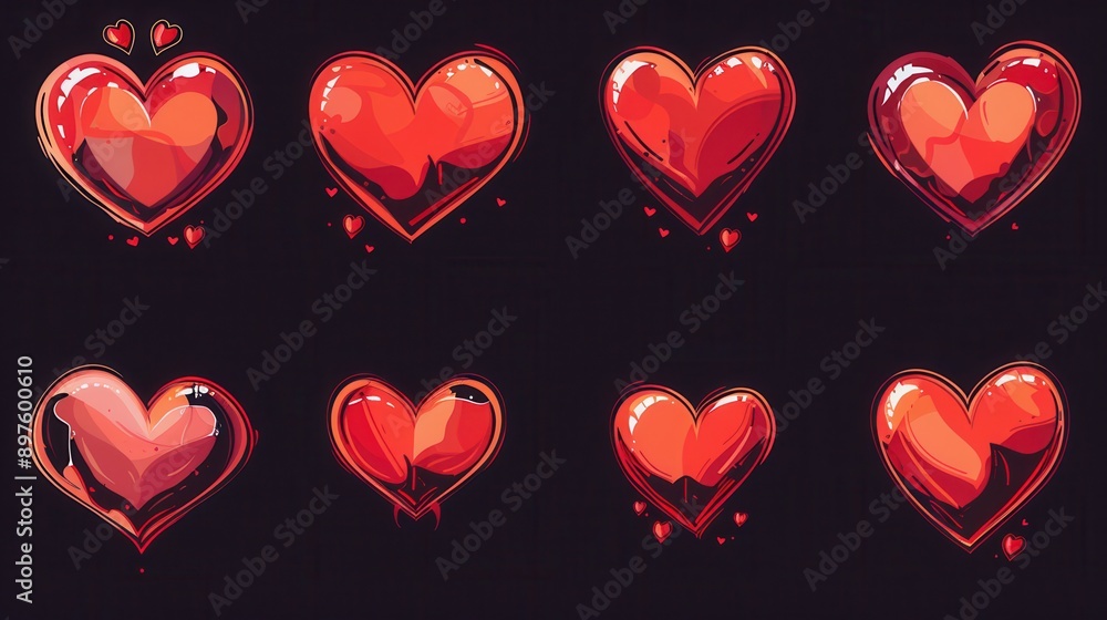 Poster a collection of eight red hearts with different styles on a black background. generative ai