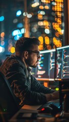 Fototapeta premium Focused Software Developer Coding Late at Night in Dimly Lit Room with Multiple Screens