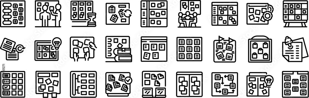Poster scrum board icons set. project managers are planning work process using agile methodology and scrum 