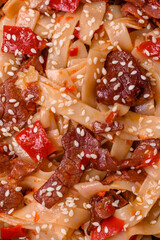 Delicious asian udon dish with vegetables, meat, salt and spices