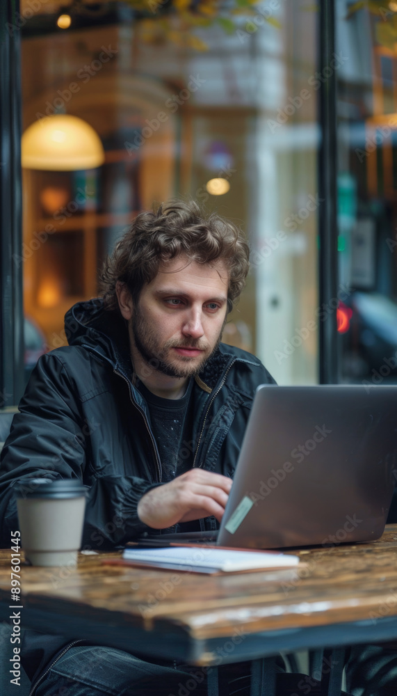Poster remote software developer working in café with laptop, coffee, and notebook - professional workspace