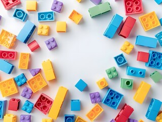 Colorful plastic building blocks scattered on a white background