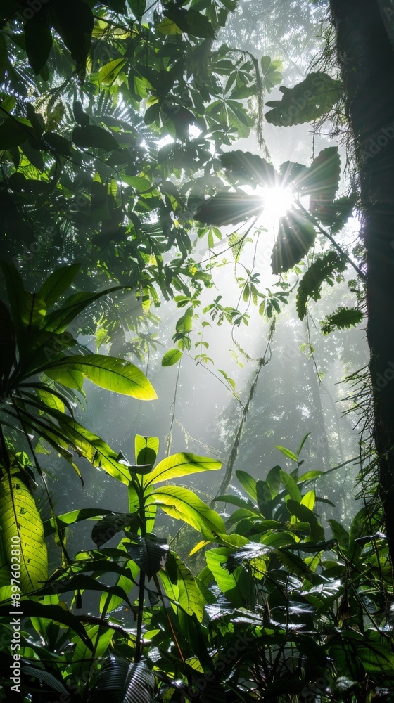 Poster sunlight shines through a dense forest canopy, creating a dappled effect