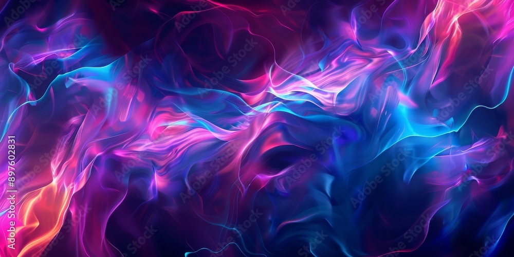Poster dynamic abstract fluid art with vibrant neon hues, swirling motion and wave patterns in a mesmerizin