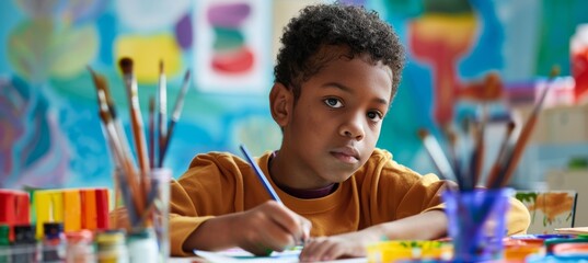Focused Schoolboy Creating Art with Colorful Paints and Brushes in Classroom Setting