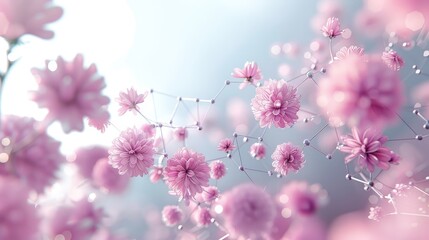 Minimalist illustration of transparent periodic elements integrated into a cohesive design with connected lines and chrysanthemums