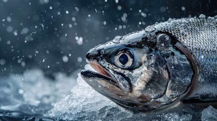 Imported fresh trout salmons arrange on ice tray at a supermarket.