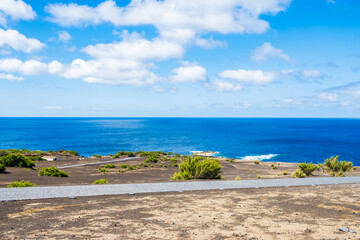 Fototapeta premium View of ocean at Capelinhos peninsula with volcanic landscape, Faial island, Azores, Portugal