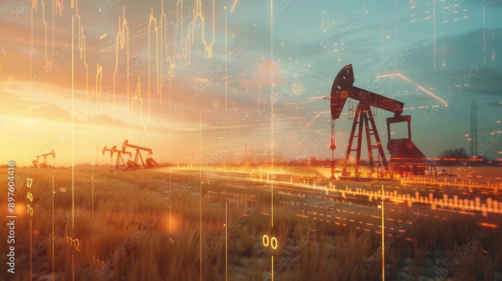 Aufkleber oil pumpjacks operate in a field at sunset, with a double exposure of digital financial charts and g