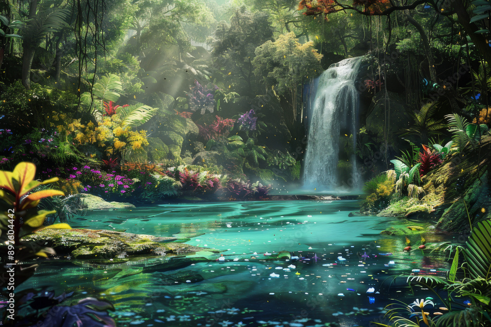 Wall mural an image depicting a hidden waterfall cascading into a crystal-clear pool within a virgin forest - g