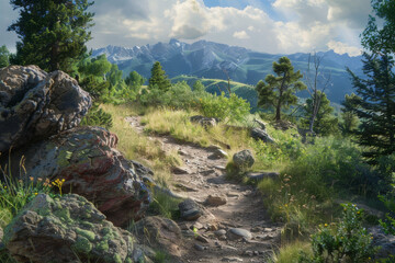 The focus should be on the pathway, framed by natural mountain scenery, including rocky outcrops, alpine meadows, or dense forests, depending on the elevation - Generative AI