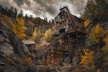 The haunting beauty of an abandoned mine, with structures that hint at a once-thriving operation now left to decay - Generative AI