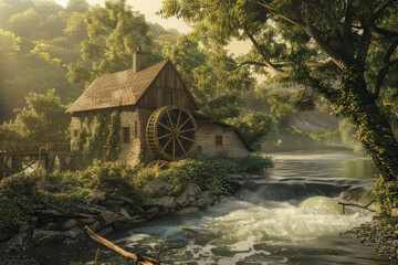 A traditional watermill set in a serene, natural landscape, emphasizing the harmony between historical architecture and the environment - Generative AI