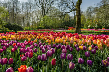 The expanse of a field or garden bursting with variegated tulips in spring, focusing on the rejuvenating effect of these flowers blooming en masse - Generative AI