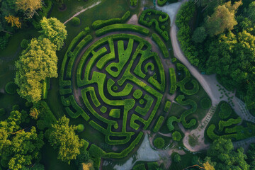 The focus should be on the maze's design and the beauty of its natural setting, with the pathways clearly defined against the surrounding landscape - Generative AI
