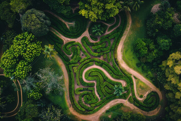 The focus should be on the maze's design and the beauty of its natural setting, with the pathways clearly defined against the surrounding landscape - Generative AI