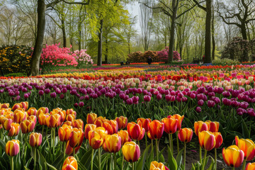 The expanse of a field or garden bursting with variegated tulips in spring, focusing on the rejuvenating effect of these flowers blooming en masse - Generative AI