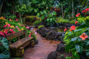 The tranquility and beauty of a secluded hibiscus garden oasis, focusing on the peaceful ambiance and the harmonious arrangement of the flowers - Generative AI