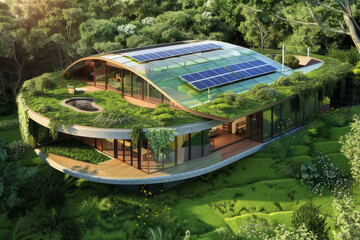 A modern, eco-friendly house in a lush green setting, highlighting features like solar panels, green roofs, and natural building materials - Generative AI