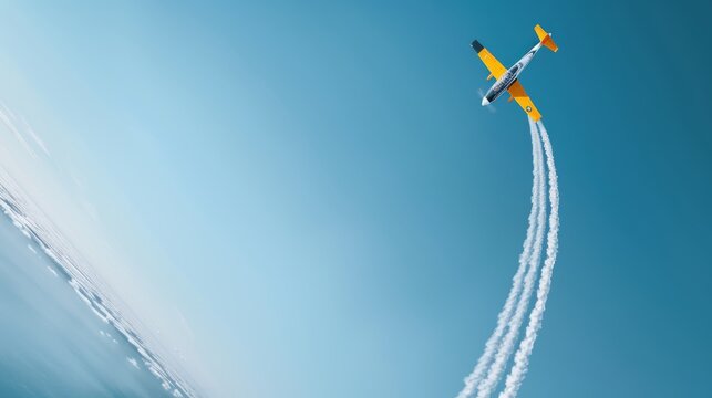 Stunt plane executing a sharp turn with smoke trails forming a beautiful arc in the sky, blue backdrop accentuating the daring acrobatics at an air show