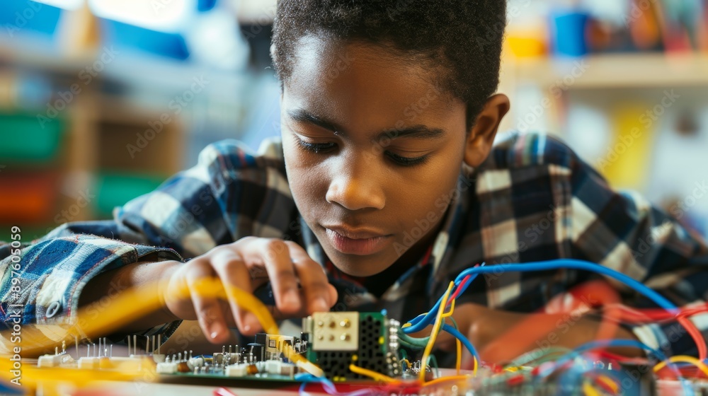 Poster curious schoolboy engaging in hands-on science experiment building a circuit board