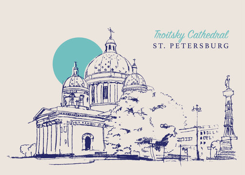Drawing sketch illustration of the Troitsky Cathedral in Saint Petersburg, Russia