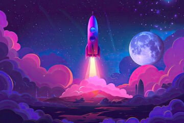 Naklejka premium Illustration of a rocket taking off, symbolizing a product launch with a futuristic design