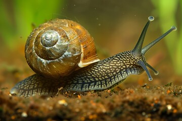 Detailed shot of a garden snail with a spiral shell moving on soil, showcasing texture and natural habitat.