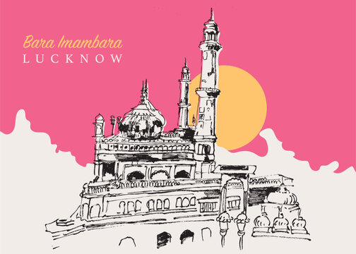 Drawing sketch illustration of the Bara Imambara, an old shia mosque in Lucknow, India