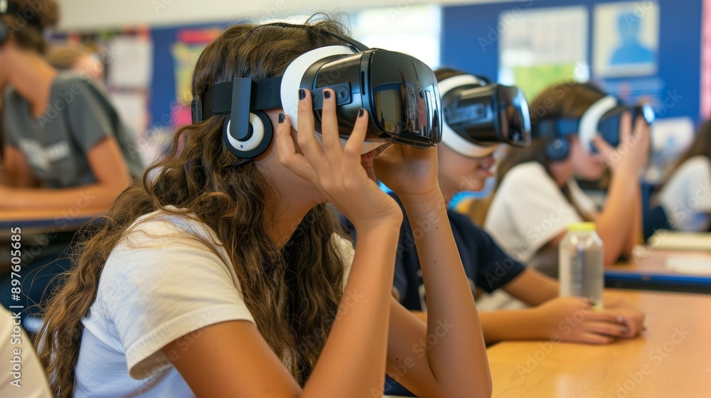 Poster students immersed in virtual reality headsets for interactive learning in a modern classroom