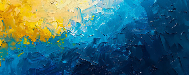 Naklejka premium An abstract oil painting featuring a blend of glowing blue and yellow textures. The vibrant colors create a dynamic and energetic composition, highlighting the unique texture of the oil paint.
