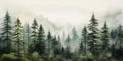 Fototapeta premium Mystic foggy dark green pine tree forest, landscape background 