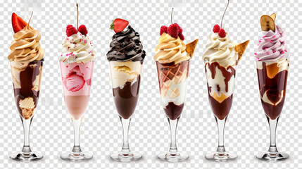 ice cream dessert, collection of sundae on white background, isolated
