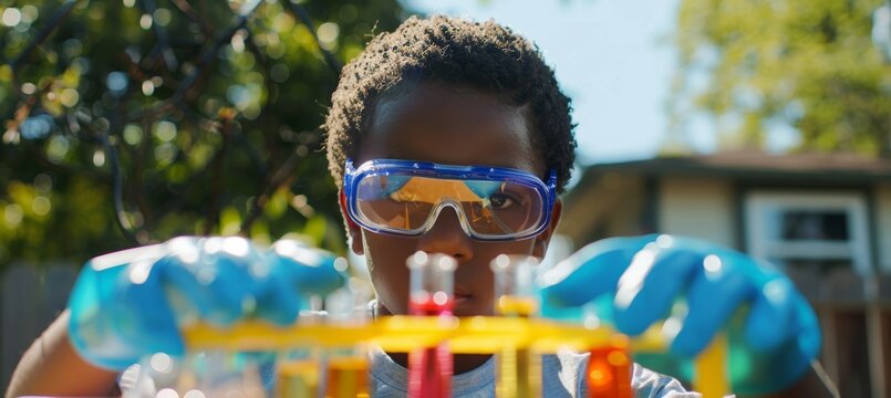 Afro American Schoolboy Conducting Fun Outdoor Science Experiment with Bubbling Test Tubes - Powered by Adobe
