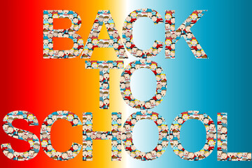 Mosaic of children faces that spells the text back to school