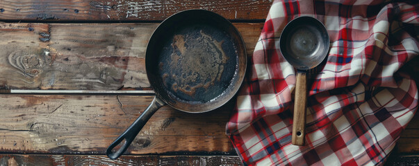 Top down view of a vintage kitchen setup with a checkered tablecloth and an old pan on a wooden table. The scene is ideal for culinary or nostalgic themes.