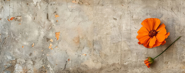 A marigold against a concrete backdrop and an empty wall. The bright orange petals bring warmth and color to the stark, gray background.
