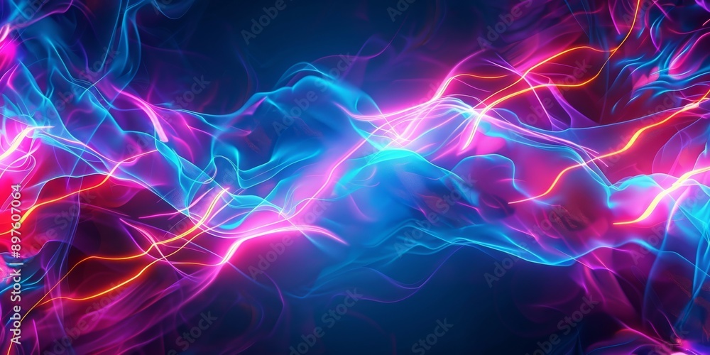 Poster vibrant neon light trails forming a dynamic energy pattern, creating an abstract and mesmerizing dis