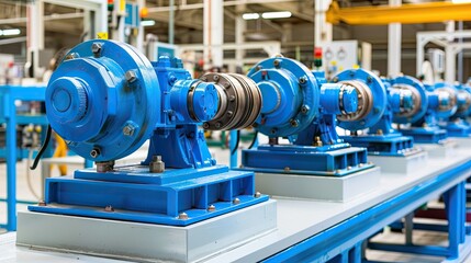 Fototapeta premium Industrial workshop with equipment installed in a row. Clean production. Illustration for banner, poster, cover, brochure or presentation.