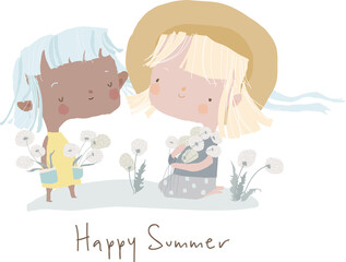 Cute cartoon girls holding Dandelions. Hello summer. Vector illustration