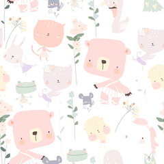 Vector Seamless pattern with funny little animals ballerinas