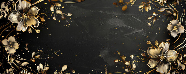 Beautifully crafted vintage floral frame, hand-drawn on a black background with gold dust details, suitable for various elegant and artistic designs.