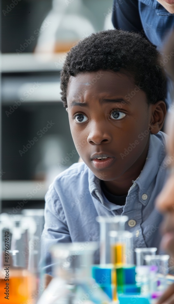 Poster engaged schoolboy presenting science fair project with detailed display and experiment setup