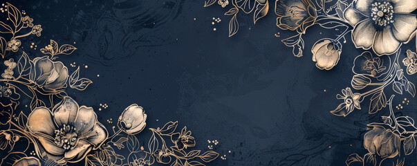 Vintage floral frame intricately hand-drawn on a navy dust background, ideal for adding a touch of elegance to various designs.