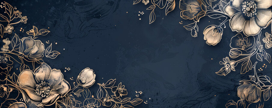 Vintage floral frame intricately hand-drawn on a navy dust background, ideal for adding a touch of elegance to various designs.