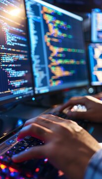 Close-Up of Developers Typing Code on Keyboards with Multiple Programming Languages on Screens