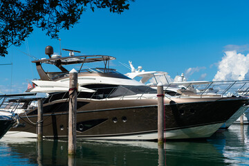 Yacht boat docked on sea Biscayne bay. Downtown Miami Marina with luxury yacht boat. Summer...